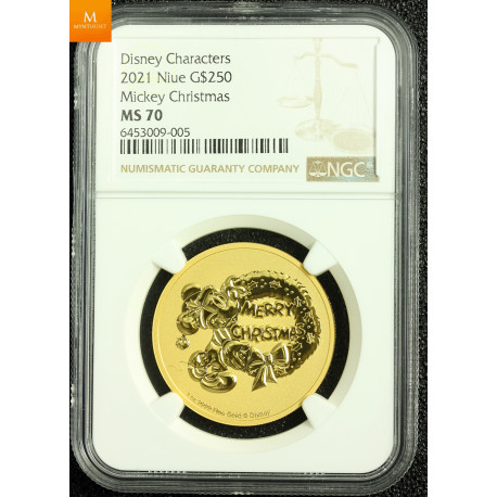 Sjelden! Niue 2021 MICKEY CHRISTMAS 1 OZ GULL OPPLAG KUN 100 STK  NGC MS70