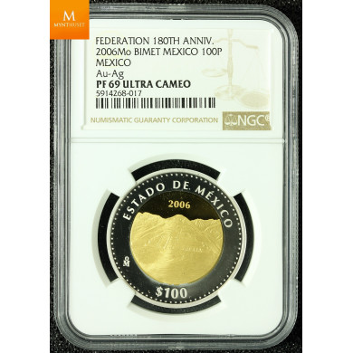 MEXICO 100 PESOS 2006MO BIMET GOLD/SILVER PROOF NGC PF70 UCAM MEXICO 100 PESOS 2006MO BIMET GOLD/SILVER PROOF NGC PF70 UCAM