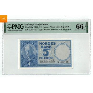 5 kroner 1963 K.6831727 Kvalitet 0, PMG MS66 EPQ 5 kroner 1963 K.6831727 Kvalitet 0, PMG MS66 EPQ