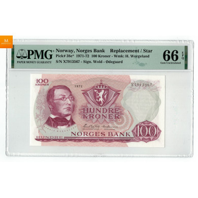 Erstatningsseddel 100 kroner 1972 X7913567 Kvalitet 0 , PMG MS66 EPQ