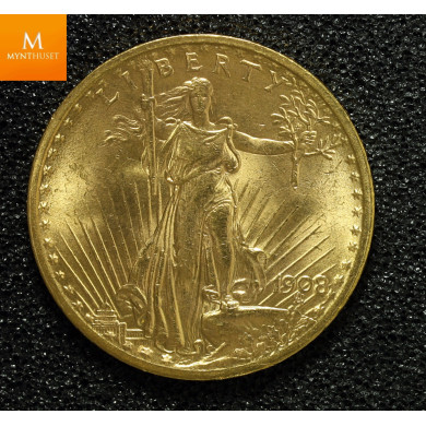 20 dollar Double Eagle 1908 NO MOTTO kvalitet 01