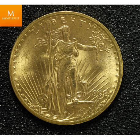 20 dollar Double Eagle 1908 NO MOTTO kvalitet 01
