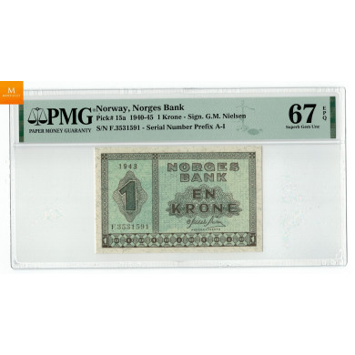 1 krone 1943 F.3531591 kvalitet 0, PMG MS67 EPQ