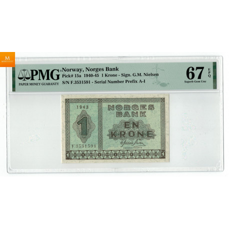 1 krone 1943 F.3531591 kvalitet 0, PMG MS67 EPQ