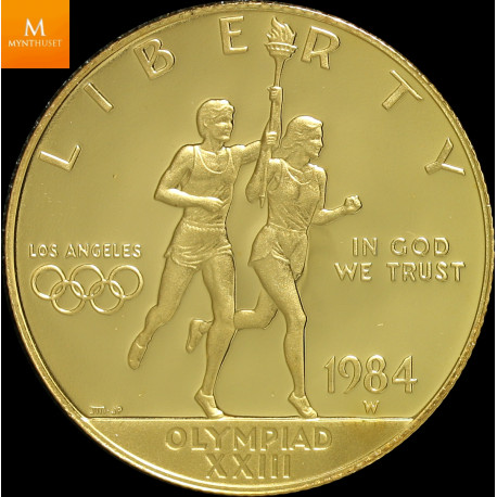 USA 1984 OL 10 Dollar Proof Gull mynt i kvalitet proof med skrin og coa