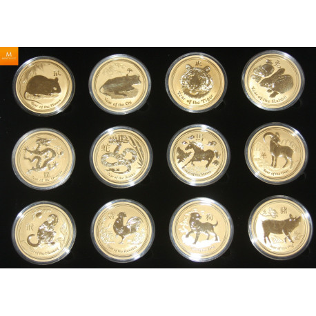 12 oz rent gull, unik mulighet! Australia Lunar Series 2 komplett sett med 12 stk 1 oz gullmynter i kvalitet BU