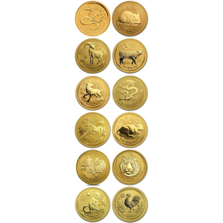 12 oz rent gull, unik mulighet! Australia Lunar Series 2 komplett sett med 12 stk 1 oz gullmynter i kvalitet BU