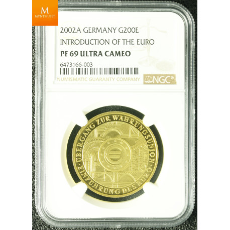 Germany 200 Euro 2002 J 1 oz gull kvalitet proof, NGC PF69 UCAM