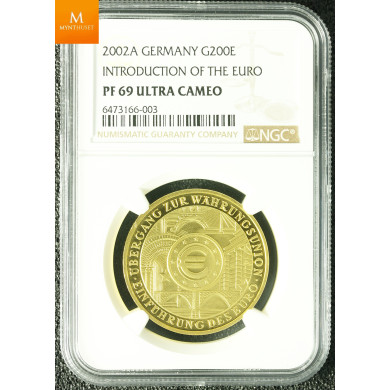 Germany 200 Euro 2002 J 1 oz gull kvalitet proof, NGC PF69 UCAM Germany 200 Euro 2002 J 1 oz gull kvalitet proof, NGC PF69 UCAM