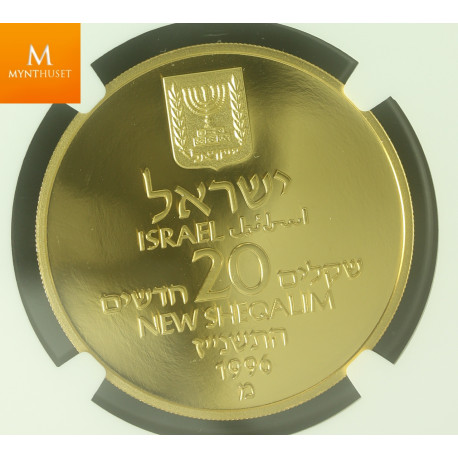 Israel 20 New Sheqalim 1996 Yitzhak Rabin 1 0z gull 999 kvalitet Proof, NGC PF70 UCAM