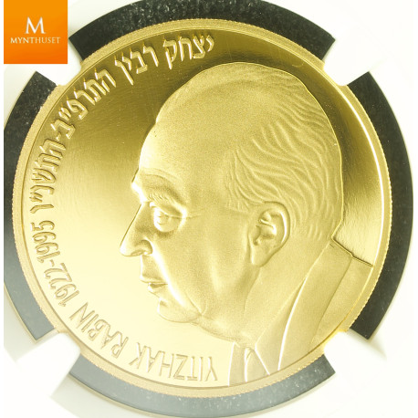 Israel 20 New Sheqalim 1996 Yitzhak Rabin 1 0z gull 999 kvalitet Proof, NGC PF70 UCAM
