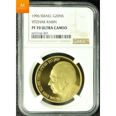 Israel 20 New Sheqalim 1996 Yitzhak Rabin 1 0z gull 999 kvalitet Proof, NGC PF70 UCAM Israel 20 New Sheqalim 1996 Yitzhak Rabin 1 0z gull 999 kvalitet Proof, NGC PF70 UCAM