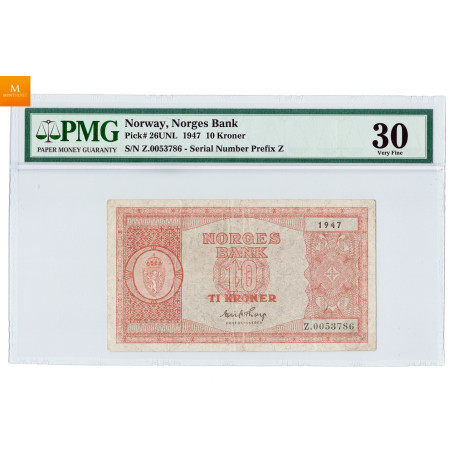 10 kroner 1947 Z.0053786 , 0 million RRR seddel i kvalitet 1, PMG VF30