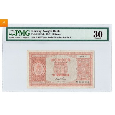 10 kroner 1947 Z.0053786 , 0 million RRR seddel i kvalitet 1, PMG VF30 10 kroner 1947 Z.0053786 , 0 million RRR seddel i kvalitet 1, PMG VF30