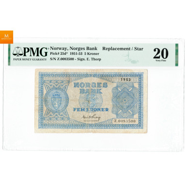 5 kroner 1953 Z.0083500, UNIK seddel i kvalitet 1-, PMG VF20 5 kroner 1953 Z.0083500, UNIK seddel i kvalitet 1-, PMG VF20
