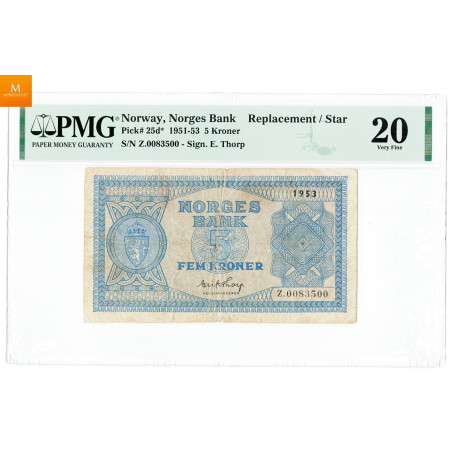 5 kroner 1953 Z.0083500, UNIK seddel i kvalitet 1-, PMG VF20