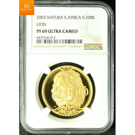 South Africa 2003 1 oz Gull Natura Lion kvalitet proof, NGC PF69