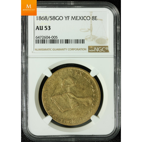 Mexico 8 Escudo1868/58 GO YF NGC AU53