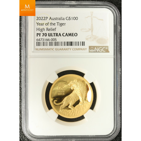 SJELDEN! Australia 2022 YEAR OF THE TIGER 1 OZ  GULL LUNAR SERIE 3 KVALITET PROOF HIGH RELIEF