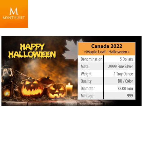 Canada 2022 MAPLE LEAF 1 OZ SØLV  HALLOWEEN UGLE BU I KAPSEL