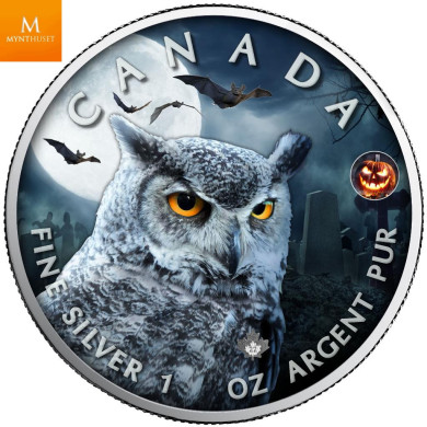 Canada 2022 MAPLE LEAF 1 OZ SØLV  HALLOWEEN UGLE BU I KAPSEL Canada 2022 MAPLE LEAF 1 OZ SØLV  HALLOWEEN UGLE BU I KAPSEL
