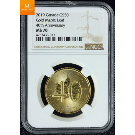 CANADA 2019 1oz Gold 40th Anniversary'Maple Leaf MS70