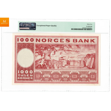 1000 kroner 1958 A.1260943 Kvalitet 1+, PMG VF35 EPQ 1000 kroner 1958 A.1260943 Kvalitet 1+, PMG VF35 EPQ
