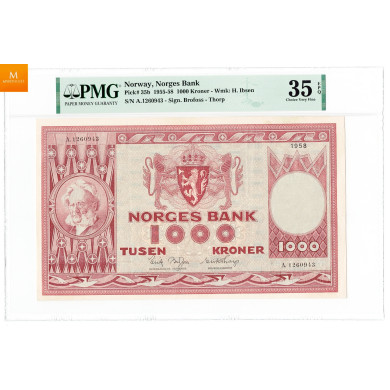 1000 kroner 1958 A.1260943 Kvalitet 1+, PMG VF35 EPQ 1000 kroner 1958 A.1260943 Kvalitet 1+, PMG VF35 EPQ