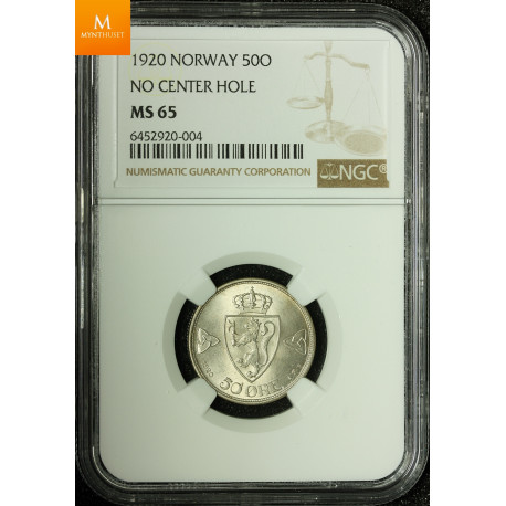 50 øre 1920 uten hull kvalitet 0, NGC MS65
