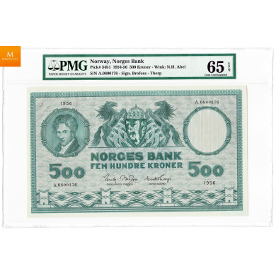 500 kroner 1956 A.0800176 kvalitet 0, PMG MS65 EPQ 500 kroner 1956 A.0800176 kvalitet 0, PMG MS65 EPQ