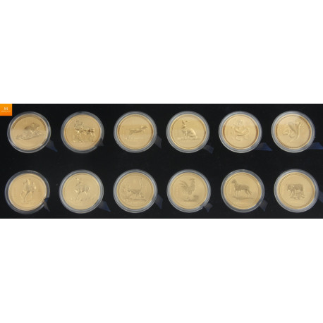 12 oz rent gull, unik mulighet! Australia Lunar Series 2 komplett sett med 12 stk 1 oz gullmynter i kvalitet BU